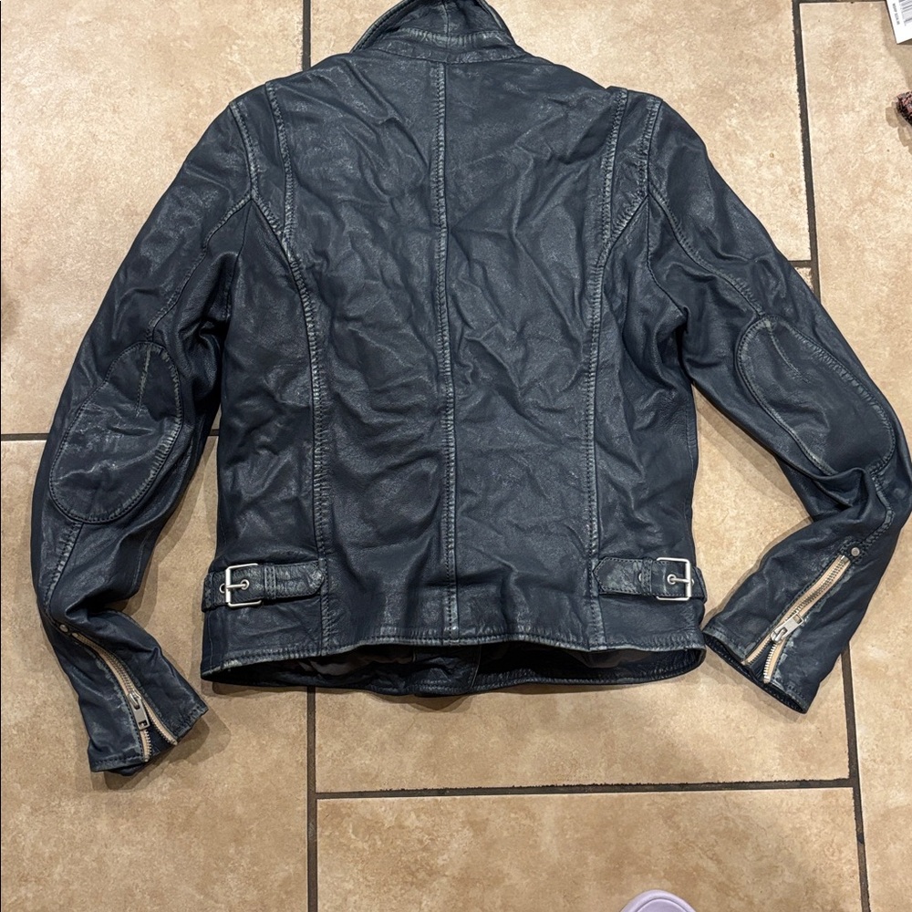 Mauritius Blue Navy Leather Moto Jacket - Picture 6 of 9